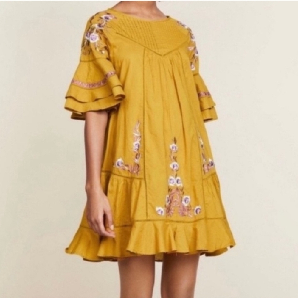 Free People Pavlo Embroidered Ruffled Mini Dress - Mustard Yellow XS NWT